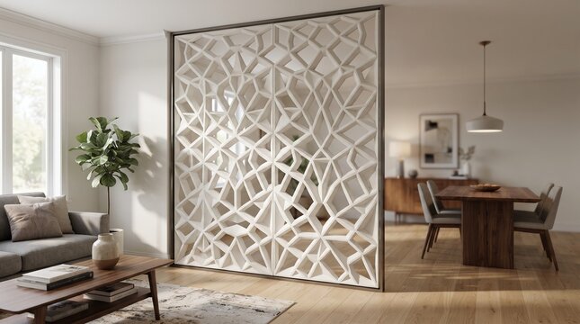 Decorative hollow partition wall, commonly styled after a modern geometric cobog&oacute; or a lightweight polyurethane 3D grid screen that functions as an aesthetic room divider