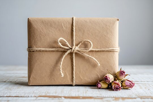 Gift parcel wrapped in brown craft paper tied with twine and decorated with small dried roses