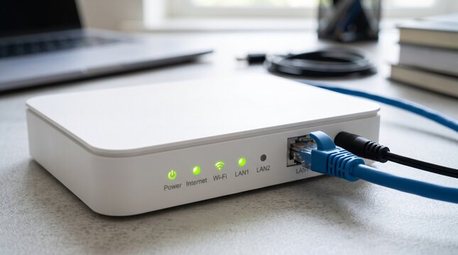 Modern white networking device with ethernet cable plugged in. Green LED indicator lights show active internet connection. High tech hardware setup for data transfer, fast network communication