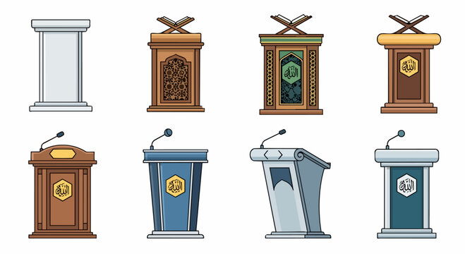 Four distinct styles of wooden and metal lecterns and pulpits are displayed as icons.