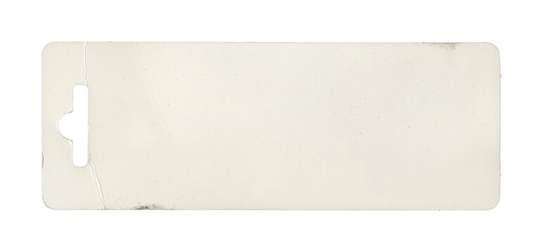 white rectangular tag with rounded corners and shaped side slot