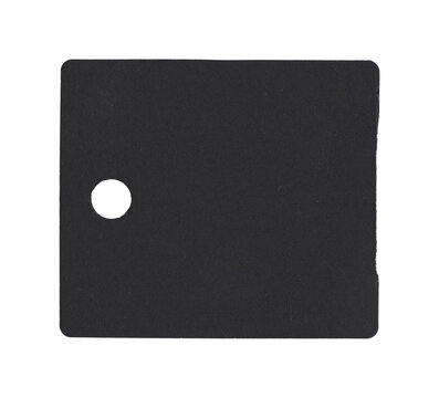 Black square tag with rounded corners and large circular punched hole
