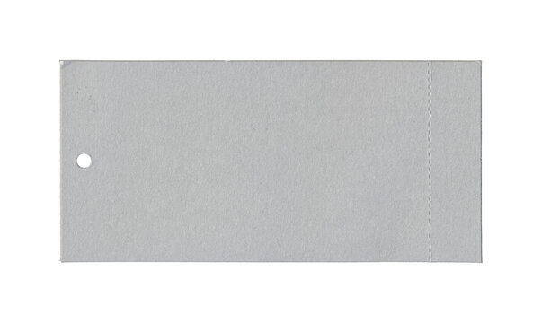 Gray rectangular tag with small round hole and faint vertical crease