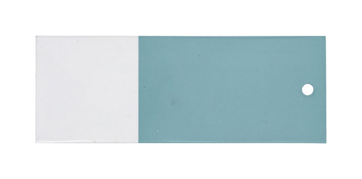 Blue and white rectangular tag with divided panels and round hole
