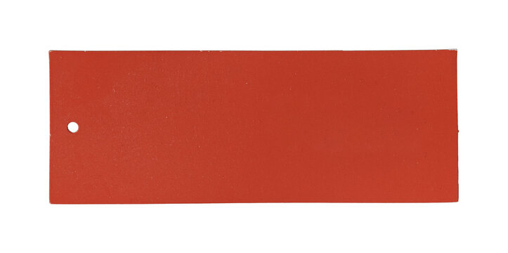 red rectangular tag with small round hole near the left edge