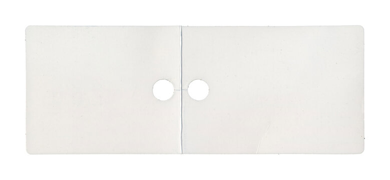 white double-panel tag with center seam and two round holes