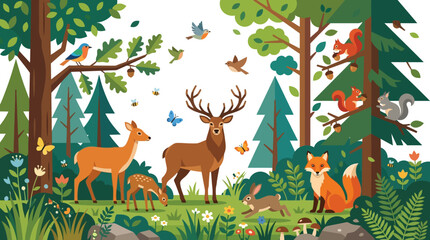 Naklejka premium Flat vector forest wildlife illustration, trees with deer, rabbit, fox, birds, butterflies and squirrels, harmonious natural ecosystem, clean simple geometric shapes, modern 2D vector style, white bac