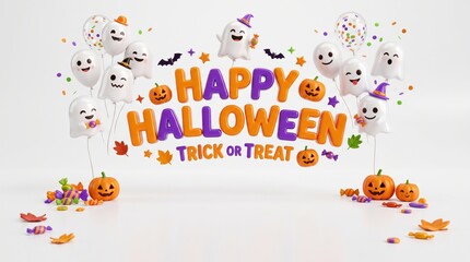 Fototapeta premium 3d happy halloween text with cute ghosts, jackolantern pumpkins, and colorful candies isolated on white background