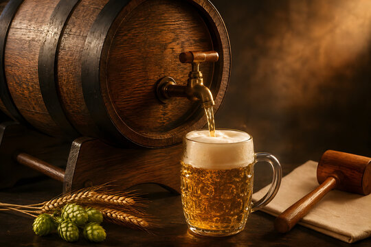 Rustic wooden keg pouring Oktoberfest beer in dark warm setting