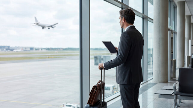 Business traveler using tablet with rolling luggage at airport terminal while watching airplane before departure, with copy space.