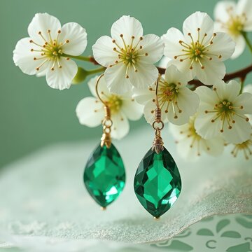 Jewelry displayed with green earrings and white flowers on a soft background