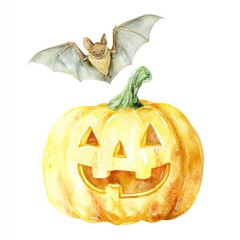 Obraz premium Watercolor pumpkin with bat illustration for Halloween.
