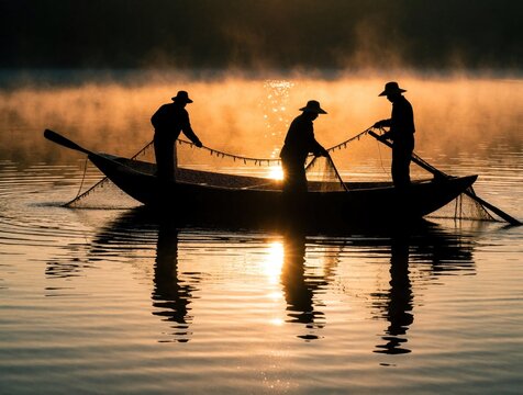 Silhouetted fishermen cast nets from small wooden boat at sunrise. Three men work on calm lake during golden hour. Mist rises above water surface as sunlight reflects on ripples. Traditional fishing