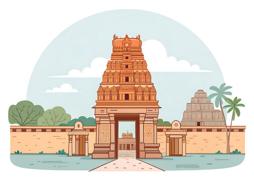 Virupaksha Temple, Hampi  towering ornate temple gateway surrounded by historic stone structures, modern premium vector illustration