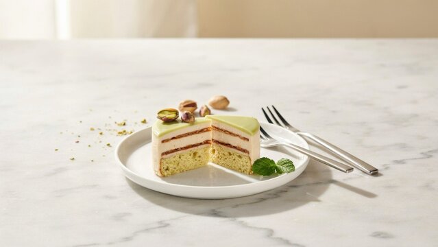 Elegant Pistachio Layer Cake Slice On White Plate In Bright Cafe