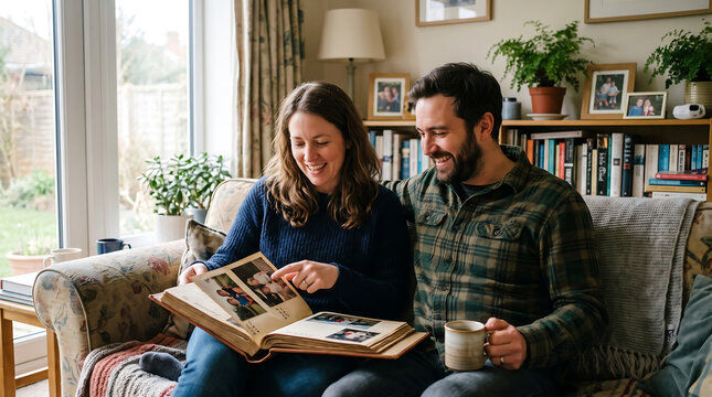 Happy couple looking at old photo album together sitting on sofa in cozy living room