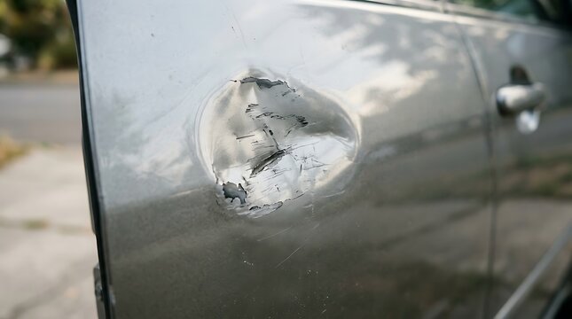 Damaged car door panel showing significant dent and cracked surface from apparent impact or collision
