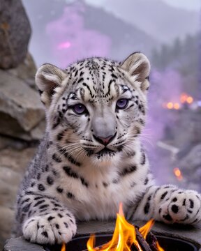 A  snow leopard cub in a outdoor cafe
