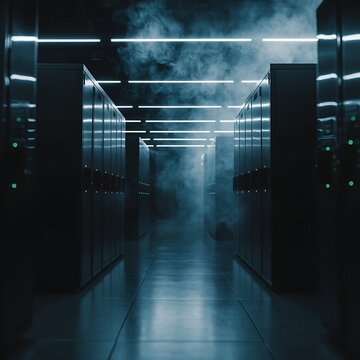 High-tech server room interior with rows of data center racks and cooling smoke.