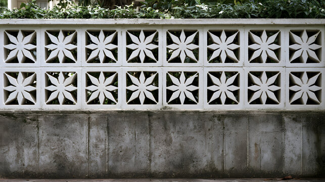 White geometric cobog&oacute; (also known as a breeze block or concrete vent block) with a star-or-windmill-like openwork pattern installed on top of a solid concrete or masonry half-wall
