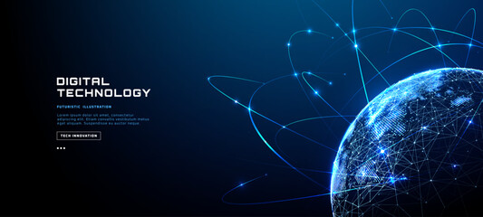 Digital world globe with glowing network connections, orbital lines and illuminated dots positioned right on dark blue background with copy space. Futuristic global communication technology concept. V