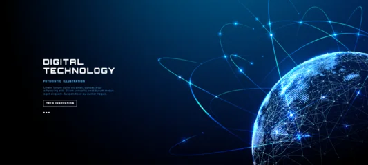 Fotobehang Sportwinkel Digital world globe with glowing network connections, orbital lines and illuminated dots positioned right on dark blue background with copy space. Futuristic global communication technology concept. V  © AntonKhrupinArt