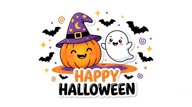 Cute Halloween pumpkin with smiling face wearing a witch hat and cheerful ghost character.