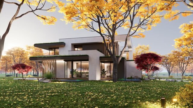 3D architectural rendering and camera movement of a contemporary cubic villa exterior during fall season. Minimalist residential architecture with large glass windows colorful foliage under bright day