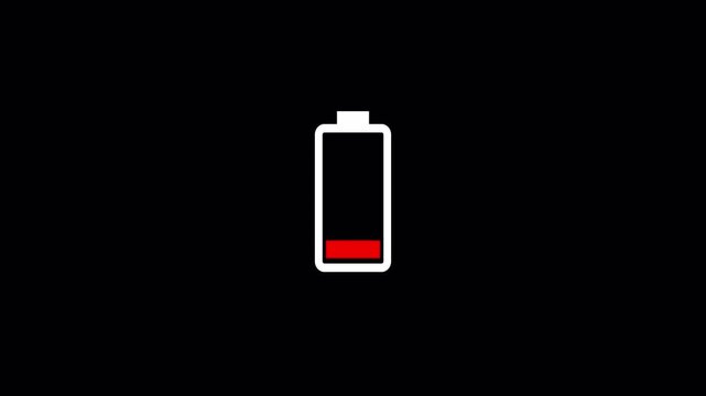  mobile phone battery low indicator animation with alpha channel.  red blinking low battery notification icon animation on transparent background