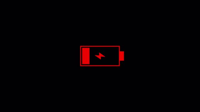  mobile phone battery low indicator animation with alpha channel.  red blinking low battery notification icon animation on transparent background