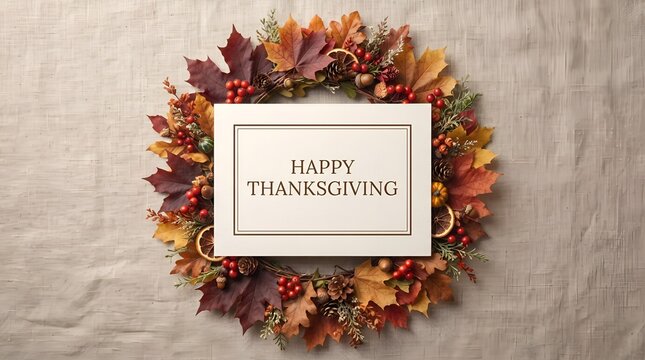 Festive Thanksgiving wreath with autumn leaves berries pinecones and a greeting card.