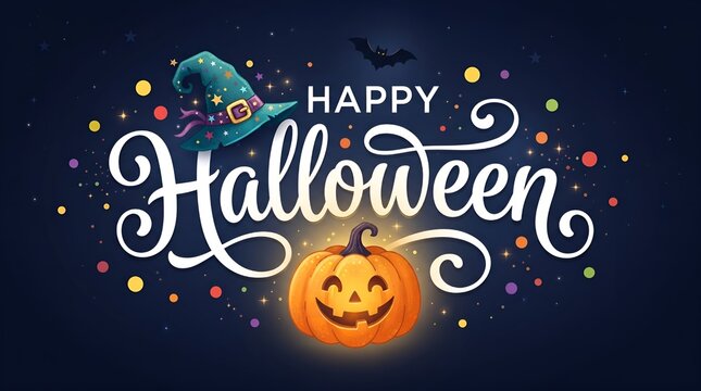 Happy Halloween celebration theme with smiling pumpkin witch hat and colorful confetti graphics.