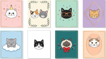 Obraz premium Cute Cartoon Cat Card Set with Lovely Kitten Faces Greeting Postcards Birthday Frames and Pastel Animal Portrait Invitation Graphic Designs