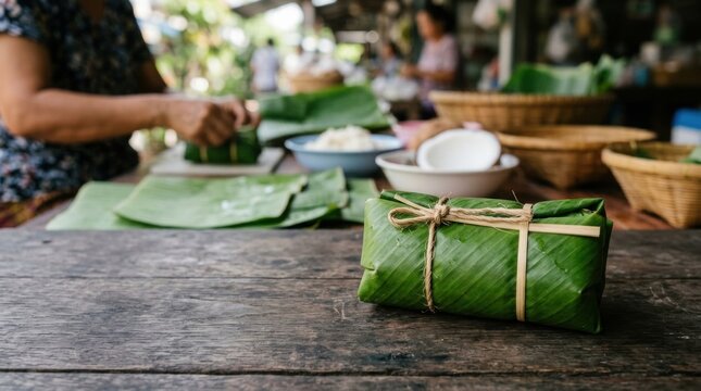 Handmade snack wrapped in green banana leaves tied with bamboo strings on dark weathered wooden table at traditional food market.