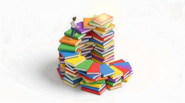 Small person climbing colorful books staircase, symbolizing education, knowledge and learning journey
