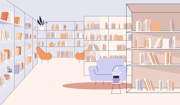 Modern library interior bookshelves cozy reading area armchairs plants minimalist pastel colors spacious room website banner