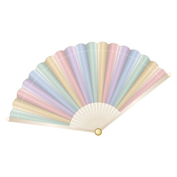 Pastel rainbow paper hand fan half open at an angle, isolated on transparent background