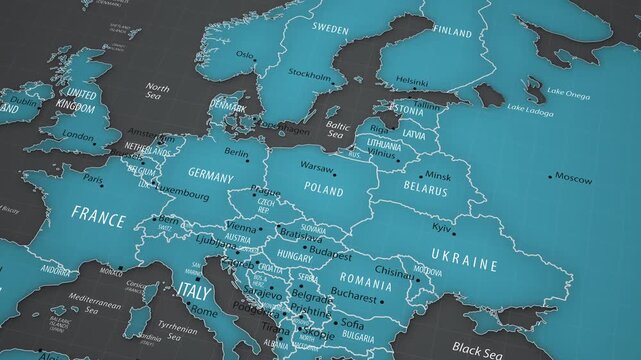 Animated political map showing the location of Poland in Europe. The camera gradually approaches the country, bringing Warsaw, neighboring states, national borders, the Baltic Sea region, and surround