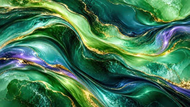 Abstract green teal purple marble luxury texture with gold glitter lines and flowing pattern.