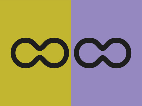 Two minimalist infinity shaped outline icons on a split yellow and purple background