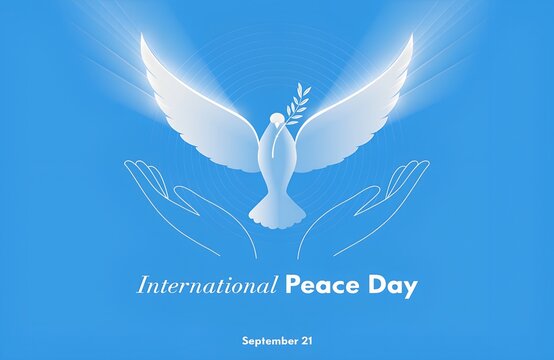 International Day of Peace dove with olive branch illustration on bright blue background symbolizing harmony, unity, hope, and global celebration of peace together generated ai
