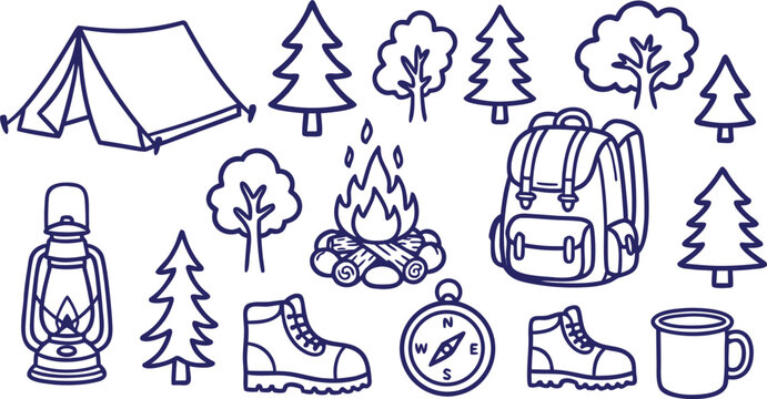 Hand drawn doodle set of camping equipment and nature elements including a tent backpack campfire trees and hiking boots