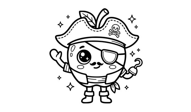 Cute pirate apple character with eye patch, hook hand and captain hat, black and white line art coloring page vector