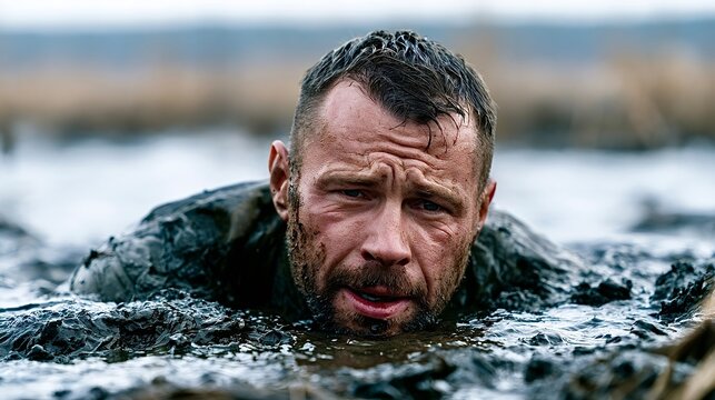 Man struggling and crawling through mud obstacle course