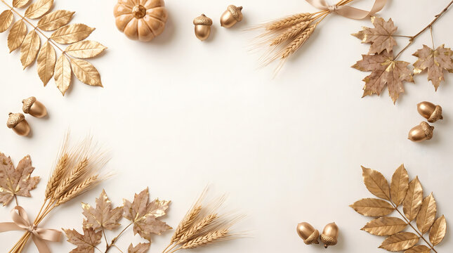 Autumnal flat lay arrangement with golden leaves pumpkins and acorns on a white background
