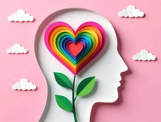 Obraz premium Rainbow heart grows from plant inside human head profile. Paper art clouds float in pink sky. Symbolizes growth, love, mind, and mental health concepts.