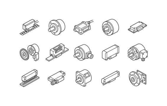 Rotary encoder line icon set linear scale position sensor vectors for automation design