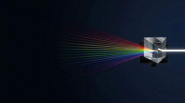 Light Refraction through Prism: A prism dissects a beam of white light into a vibrant spectrum of colors, demonstrating the principles of light dispersion against a dark background.