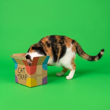 Calico Cat Sticking Its Head into a Cardboard Box Trap on Green Screen