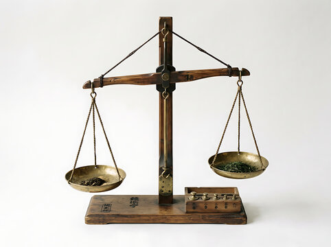 Antique brass balance scale with detailed craftsmanship, precisely weighing dried tea leaves and herbs, symbolizing traditional measurement and equilibrium